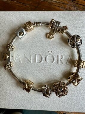Pandora Retired 14k & Sterling Silver Bracelet w 13 charms- diamonds